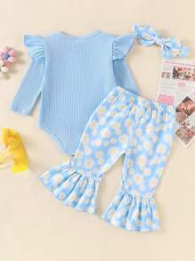 Baby Girls 3 Piece Outfits Set Ribbed Long Sleeves Romper And Daisy Print Elastic Flared Pants Headband Set Spring Fall Clothes - Blue - View 4
