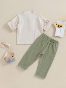 Toddler Boys Cotton Linen Outfits Buttons Short Sleeve Shirts And Elastic Waist Long Pants 2Pcs Clothes Set - 軍綠色 - 查看 3