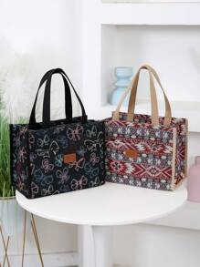 New Thick Knit Jacquard Fabric Tote Bag, Large Capacity Portable Lunch Box Bag, Suitable For Work Lunch, Outdoor Picnic, Lunch Box Storage, Insulated Aluminum Foil Lining, Front Zipper Pocket, RetroLunch BagWomanFor Women LadiesSchool Supplies Stuff Accessories