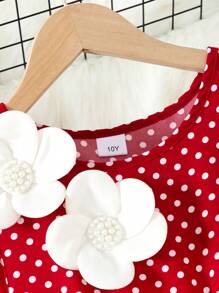 Vestido midi casual para meninas adolescentes com estampa de bolinhas e decoração de flores 3D, sem mangas, cintura com cinto, estilo elegante e vintage para uso casual diário, primavera/verão - Vermelho - Ver 5