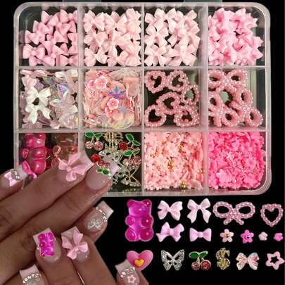 1 Box 12-Grid Mixed Bow, Heart, Pearl, Bear, Mini Flower, Butterfly, Cherry Coin Flat Rhinestone Nail Art Decorations Diy Nail Supplies Nails Nail Charms Nail Gems