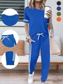 Women Solid Color Splice Short Sleeve Sports Top And Long Pants Set, Minimalist - Blue - View 2