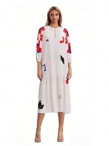 Women's Maternity Dress Loose Fit Contrast Color Button Design 3/4 Sleeve Crew Neck Dress For Summer Spring - 白色 - 查看 1