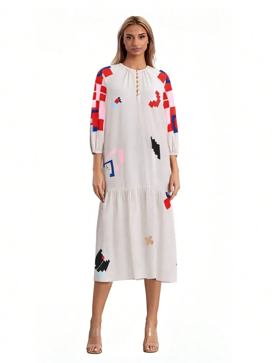 Women's Maternity Dress Loose Fit Contrast Color Button Design 3/4 Sleeve Crew Neck Dress For Summer Spring - 白色 - 查看 1