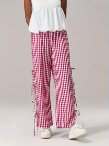 Women Y2K Wide Leg Gingham Pants Elastic High Waist Side Tie Loose Fit Plaid Trouser Lounge Pants