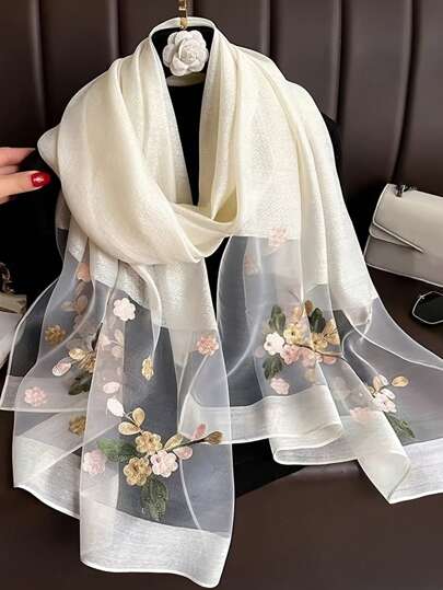 1pc Women's Hollow Faux Pearl Plaid Silk Scarf, Solid Color Shawl, Casual Headscarf/Neck Scarf, As Dress Accessory