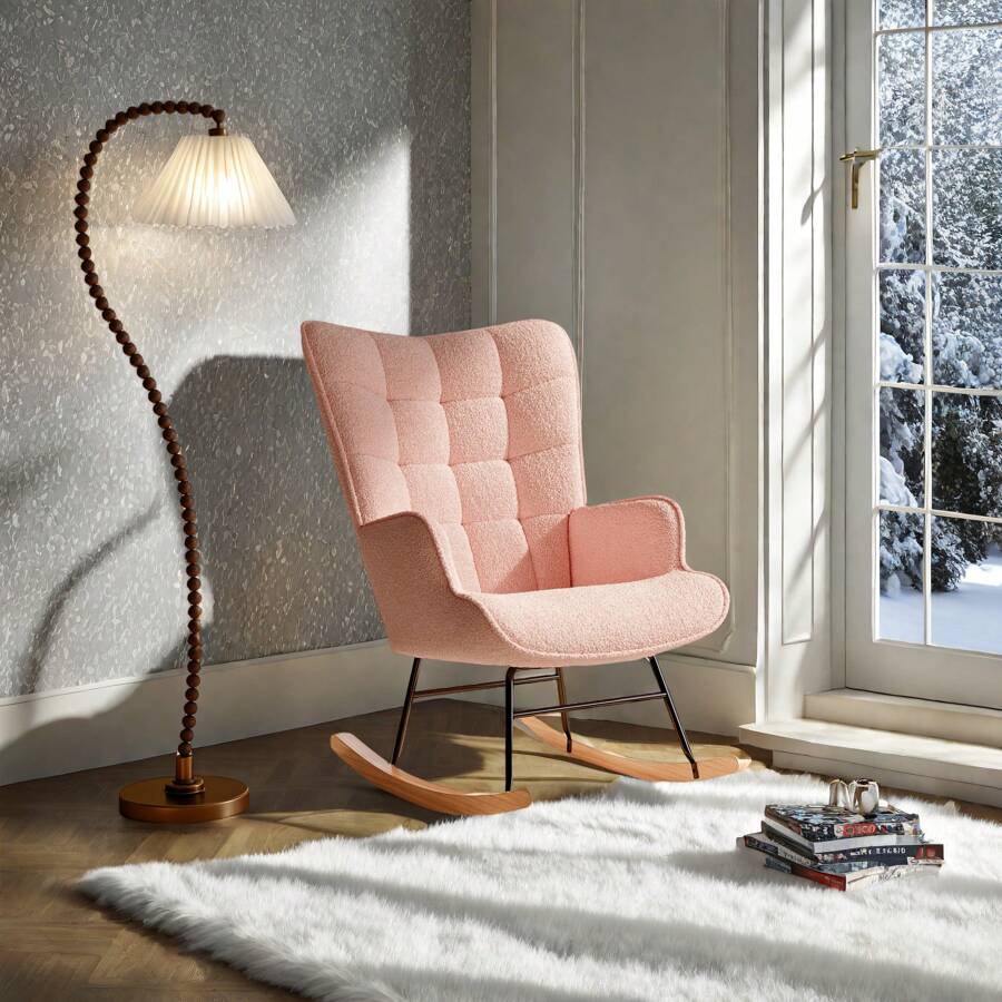Nursing Rocking Chair, Berber Fleece Look Rocking Chair, Armrest, Armchair With Wooden Glides, Relaxation Chair For Living Room, Bedroom, Pink - Pink - View 1