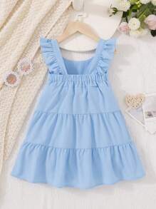 2pcs Young Girls' Solid Color Vacation Ruffled Strap Cake Dress, Summer 2025 - Blue - View 2