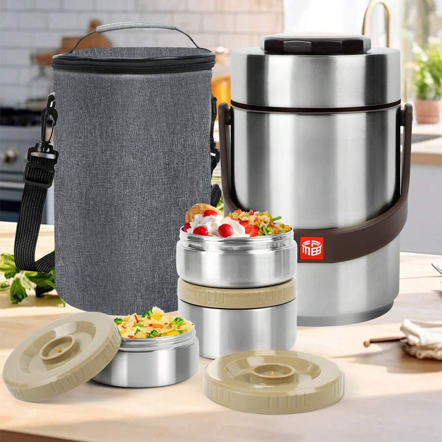 Thermo For Hot Food & Soup 67 Oz, 3-Layer Sealed Stackable Insulated Food Container With Lunch Bag, Ideal For Daily Office Meals, School Lunches And Outdoor Dining - 銀色 - 查看 1