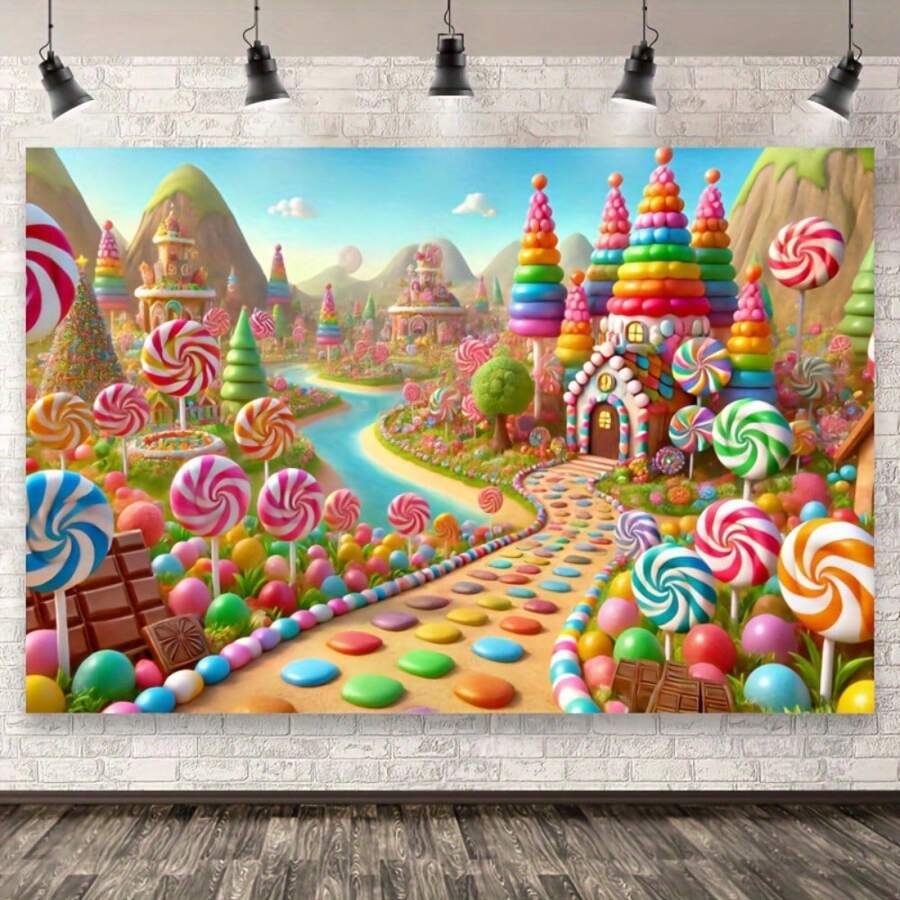Telón de fondo fotográfico estilo mundo de dulces fantasía - Pueblo de dulces imaginario con árboles de piruletas, castillo de dulces y sendero de colores dulces - Adecuado para fiestas de cumpleaños dulces, sesiones de fotos y actividades divertidas - Albaricoque - Ver 1
