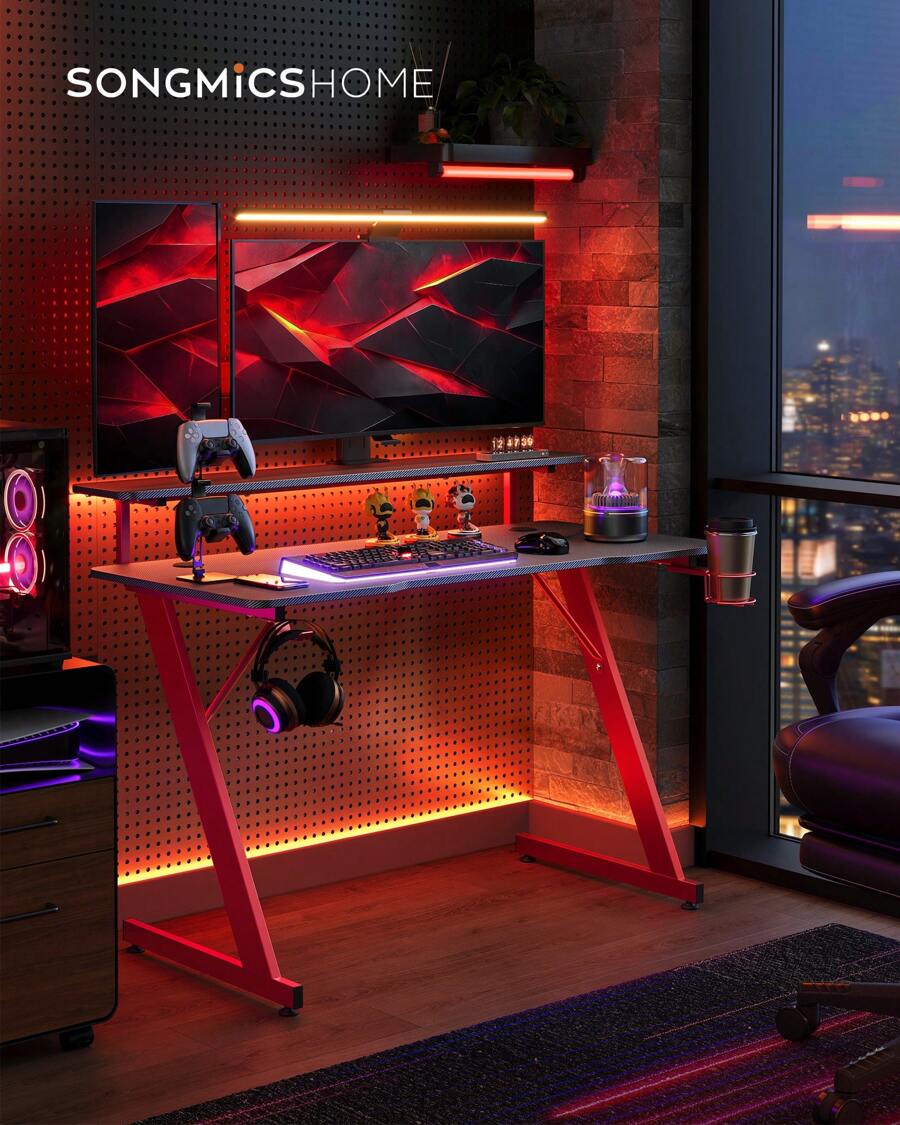 SONGMICS HOME Gaming Desk With LED Lights, Z-Shaped Computer Desk With Monitor Stand, Cup Holder And Headphone Hook, For Home Office, Carbon Black And Ruby Red
