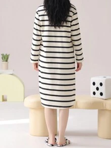 AICJ 1 件休闲简约圆领套头衫中长条纹卡通字母印花睡袍家居服连衣裙，母亲节、情人节、新年礼物 - 彩色 - 查看 2