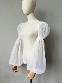 1pc Black Netting 2-Arm Sleeves With Puff And Elastic For Bridal Wear Autumn Accessories - Black - View 4