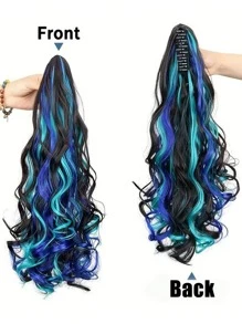 Curly Hair Ponytail Extension Dark Brown Claw Clip In Hair Extensions Ponytail 20"Blue Highlights Wavy Ponytail Wig Synthetic Natural Fluffy Fake Hair Daily Holiday Use Hot Selling