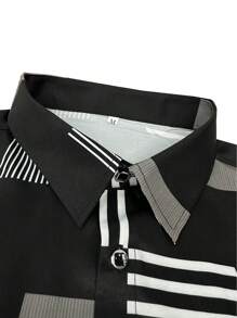 Men's Classic Fashionable Geometric Print Striped Plaid Long Sleeve Shirt, Black & White Tone, Long Sleeve Single-Breasted Lapel Shirt, Suitable For All Seasons, Must-Have Hot Fashion Cross-Border Fashion, For Fall