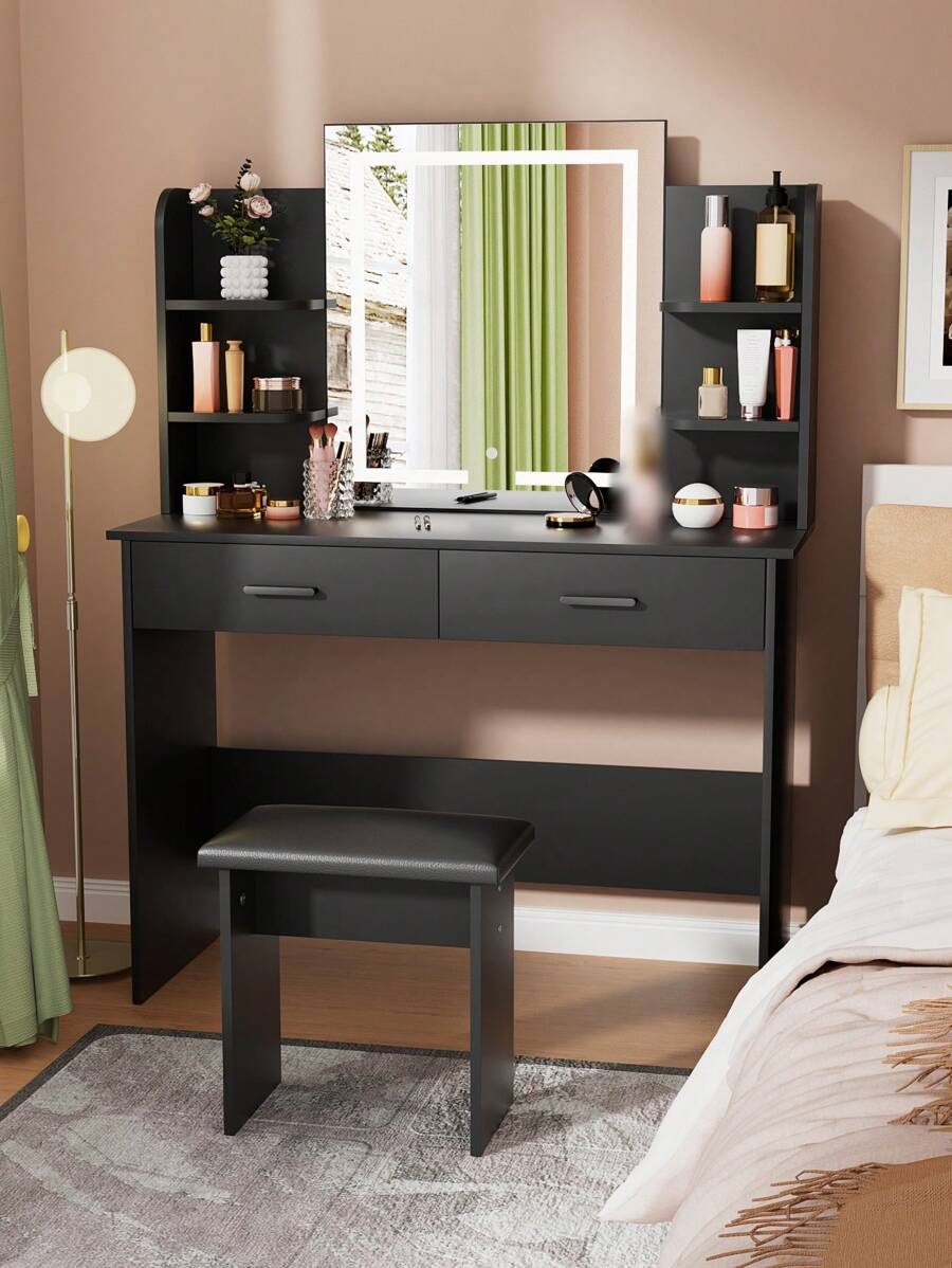 VOWNER 42.5" Vanity Desk With LED Lighted Mirror, Makeup Vanity Table With Soft Stool, 2 Drawers & 6 Open Shelves For Storage, 3 Color Light Modes, Bedroom Vanity Set Gifts For Girls Women, Christmas - màu đen - Xem 1