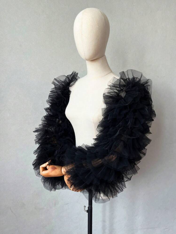 1pc Black Sheer Mesh Long Sleeve With Ruffles And Bubble Sleeves 2pcs Bride Arm Sleeve Valentine's Day Valentines Autumn Accessories - Black - View 1