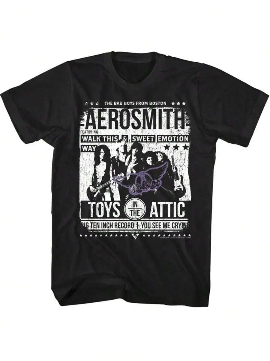 Music, Seaside Posters, Toys, Attic, Walking This Path, Sweet Emotions1 Piece, 100% Cotton, Printed T-Shirt, Seasonal Casual Men's T-Shirt, Round Neck Cotton Short-Sleeved T-Shirt, Holiday Gift. - 黑色 - 查看 1