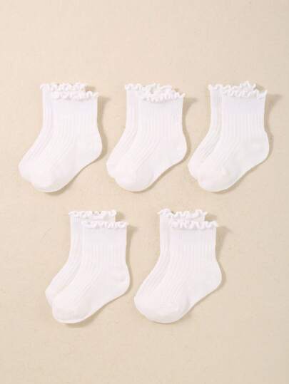 5 Pairs Of White Lace Mid-Calf Socks For Baby Girls, Which Can Be Worn In All Four Seasons. Baby Socks With Ruffles,Baby Socks , Newborn Socks ,Toddler Socks