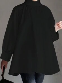 大码女装宽松休闲蘑菇领长袖上衣，黑色，春季款 - 黑色 - 查看 3