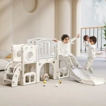 Scivolo 6 in 1 con uno scivolo, due piattaforme, due armadietti da pavimento, canestro da basket e scale - Polietilene ad alta densità (palle oceaniche non incluse)