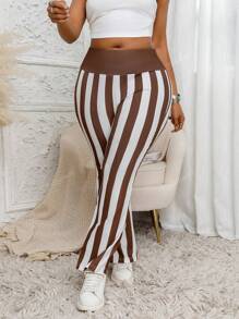 Plus Size Women's Wide Leg Striped Print Casual Pants, Long Length