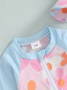 Toddler Girls Rash Guard Swimsuit With Hat 2 Pcs Set Flower Pattern Zip Up Long Sleeve Crew Neck Baby Girls Swimwears - Blue - View 6