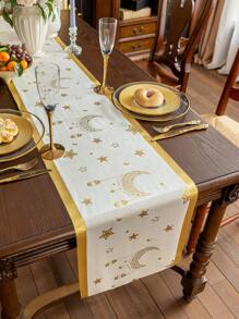 1 khăn trải bàn hình chữ nhật có họa tiết ngôi sao và mặt trăng viền vàng, thích hợp cho các buổi tiệc mừng ngày lễ, tiệc tối và trang trí họp mặt gia đình - trắng - Xem 8
