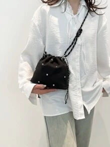 带水钻的抽绳水桶包，时尚休闲编织肩带女士单肩/斜挎包，轻便防水简约日式风格 - 黑色 - 查看 3