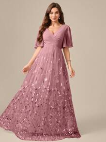 UNITHORSE V-Neck Lace Sleeve Chest Pleated Leaf & Mesh Applique Formal Party Dress Elegant Prom Evening Wedding Guest Gown, For Graduation, Dinner, Bride Dress, Birthday Women Outfits, Graduation Dress - 中紫紅色 - 查看 3