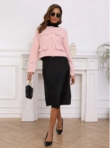 TRAFZA Women's Elegant Casual Tweed Jacket Spring Round Neckline Decorated Long Sleeves Solid Colour Coat