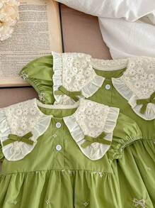 夏季新款女婴刺绣蝴蝶结甜美蕾丝连体衣 - 綠色 - 查看 3