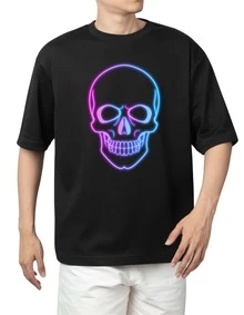 Ajolotastico Black T-Shirt For Men, Neon Rock Skull, Black Casual Round Neck T-Shirt For Men With Neon Rock Skull Print, Short-Sleeved Urban Top, Printed Fashion For Daily Use, Street Fashion - 黑色 - 查看 2