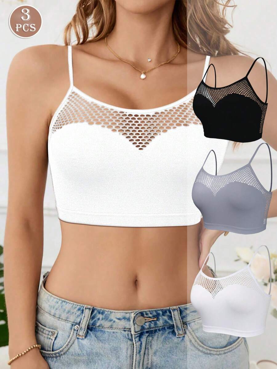 3件套无缝性感渔网拼接透明无钢圈可调节肩带内衣文胸 - 彩色 - 查看 1
