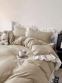3pcs Khaki Ruffle Soft & Comfortable Bedding Set, Suitable For Bedroom & Guest Room - Khaki - View 8