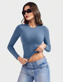 VOYJOY Basic Long Sleeve Shirt Sport Tops Women Compression Long Sleeve Shirt Crop Top Thermal Underwear Women Long Sleeve - Dusty Blue - View 3
