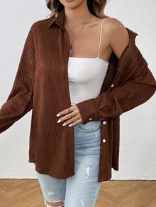 女士褶皱纹理面料休闲/办公长袖衬衫 - 咖啡 - 查看 5