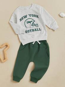 Toddler Boy Fall Clothes Letter Print Long Sleeve Sweatshirt With Solid Color Pants 2Pcs Outfits - Light Grey - View 5