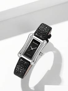 byronfrye 1pc Women Fashion Retro Luxury Crystal Diamond Square Dial Leather Strap Quartz Watch, Suitable For Daily Life - Black - View 3