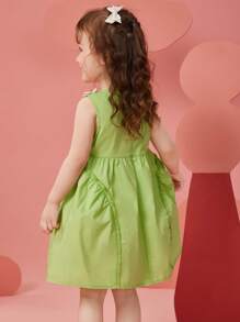 Young Girls' Sleeveless A-Line Dress With Floral Embellishment, Breathable & Moisture-Wicking, Summer - Green - View 4