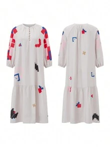 Women's Maternity Dress Loose Fit Contrast Color Button Design 3/4 Sleeve Crew Neck Dress For Summer Spring - 白色 - 查看 2