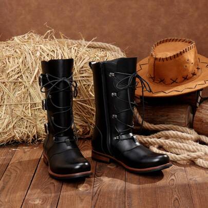 Men's Black Platform Ankle Boots: Combat Style With Lace-Up, Side Zip, Adjustable Buckle  Non-Slip Lug Sole  Designed For Motorcycle Enthusiasts