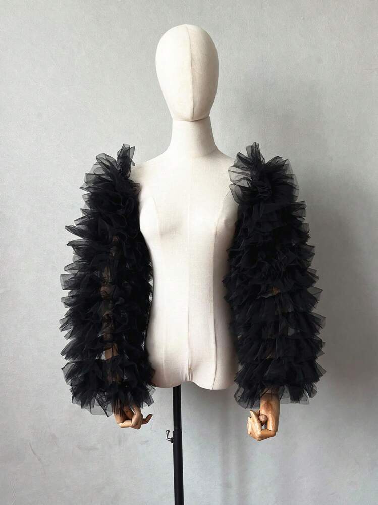 1pc Black Sheer Mesh Long Sleeve With Ruffles And Bubble Sleeves 2pcs Bride Arm Sleeve Valentine's Day Valentines Autumn Accessories - Black - View 3