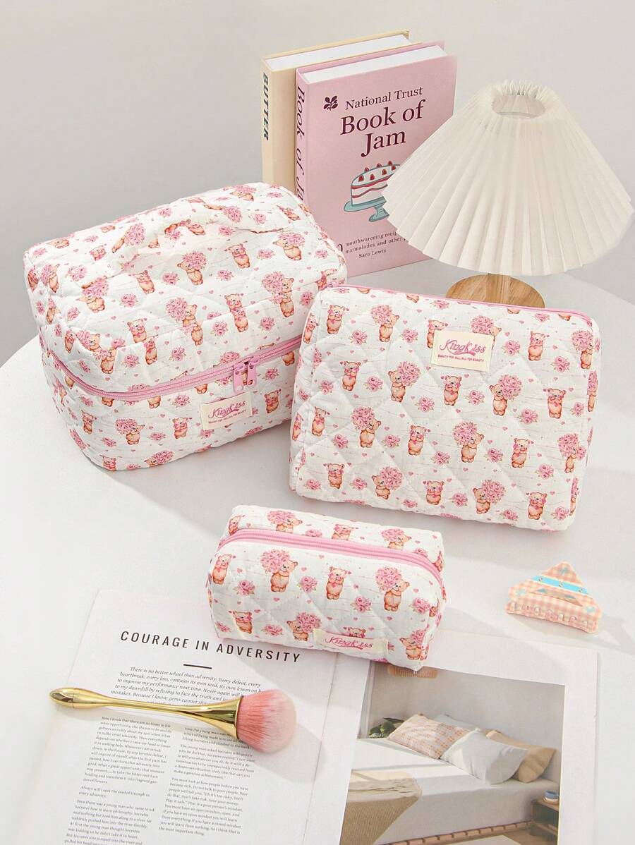1 pieza Bolsa de maquillaje con diseño de ramo de rosas de oso, gran capacidad con cierre de cremallera, bolsa de cosméticos esencial para viajes y vacaciones para almacenar toallas sanitarias, almohadillas, auriculares con cable, , auriculares, cargador, lápices labiales, cosméticos, perfume, productos de cuidado de la piel y belleza, decoración del hogar, para mamá, mujeres, enfermeras, estudiantes, niñas de escuela, llaves, regalos navideños - Multicolor - Ver 1