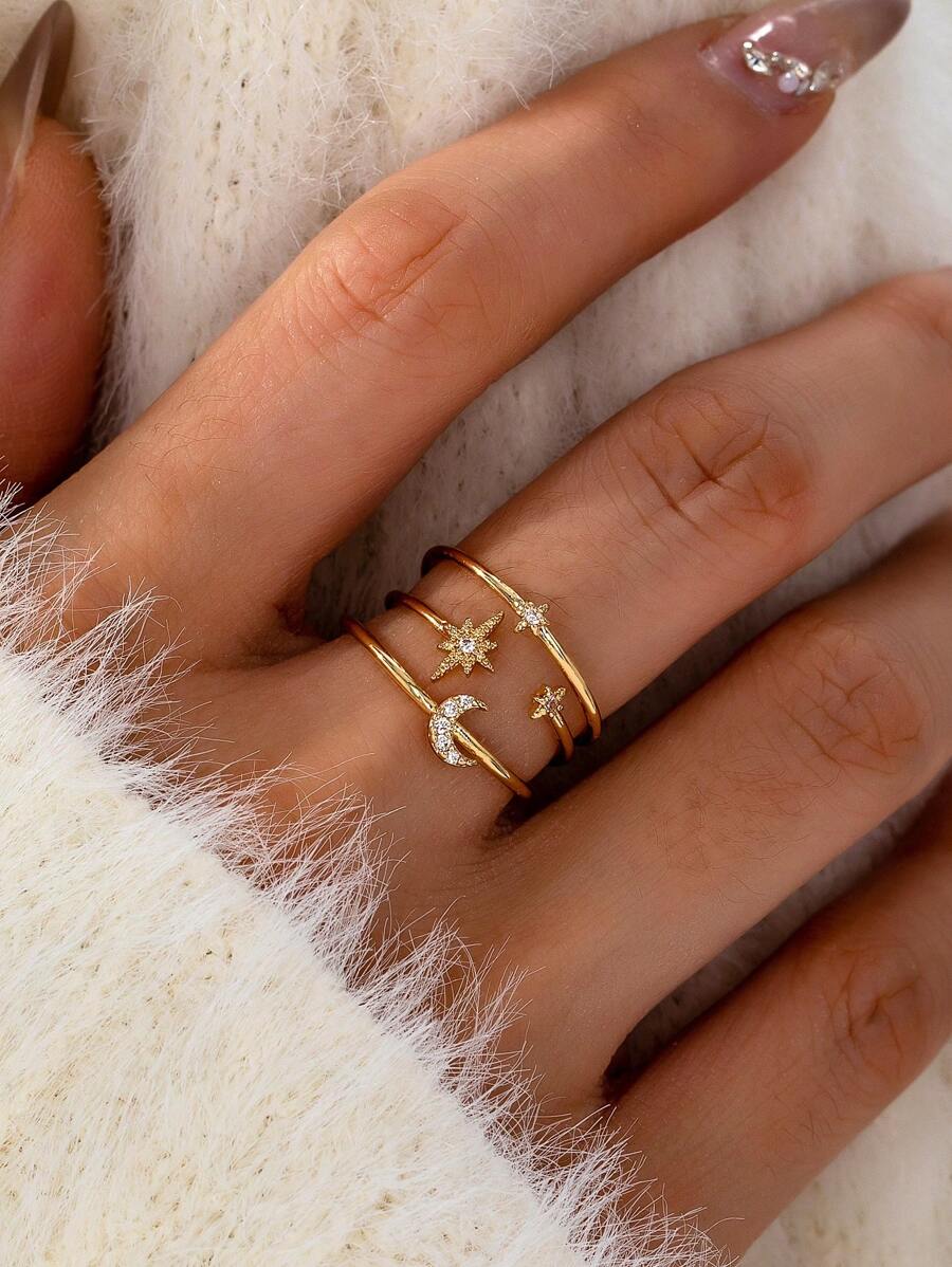 1pc Gold-Color Cubic Zirconia Star & Moon Design Adjustable Ring, Luxury Crystal Ring For Women - Multicolor - View 1