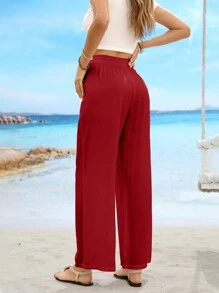 Solid Color Drawstring Waist Slant Pocket Casual Straight Leg Pants - Red - View 2