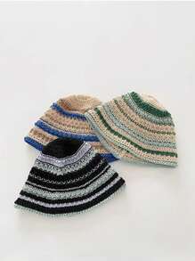 1 件装复古双色条纹草编渔夫帽，百搭女士紧凑型渔夫帽 - 彩色 - 查看 8