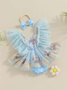 Conjunto de niña recién nacida, vestido de verano con bordado de flores y tul de patchwork y lazo para el pelo - Azul - Ver 3