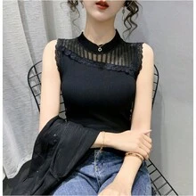 Women's Knitted T-Shirt Top - 黑色 - 查看 4
