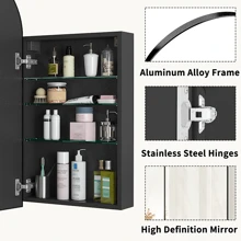 FKWin Arched Medicine Cabinet With Mirror, Aluminum Alloy Brushed Frame Bathroom Mirror With Storage, 3 Adjustable Shelves Vanity Mirror, Surface Wall Mounted, Not Recessed Home Bathroom Decor Summer Makeup Organizer Bathroom Accessories Back To School - Black - View 5